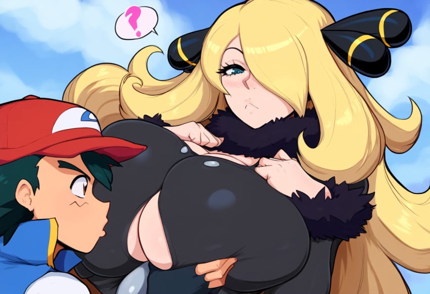 1boy ai_generated blonde_hair breast_grab confused cynthia_(pokemon) female grabbing huge_breasts mature_female mullon muscular_male novelai pokemon pokemon_(anime) pokemon_champion pokemon_dppt pokemon_journeys satoshi_(pokemon)