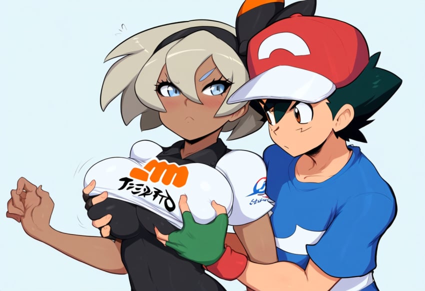 1boy ai_generated bea_(pokemon) breast_grab female grabbing gym_clothes gym_leader huge_breasts mullon muscular_female muscular_male novelai pokemon pokemon_(anime) pokemon_journeys pokemon_ss satoshi_(pokemon)