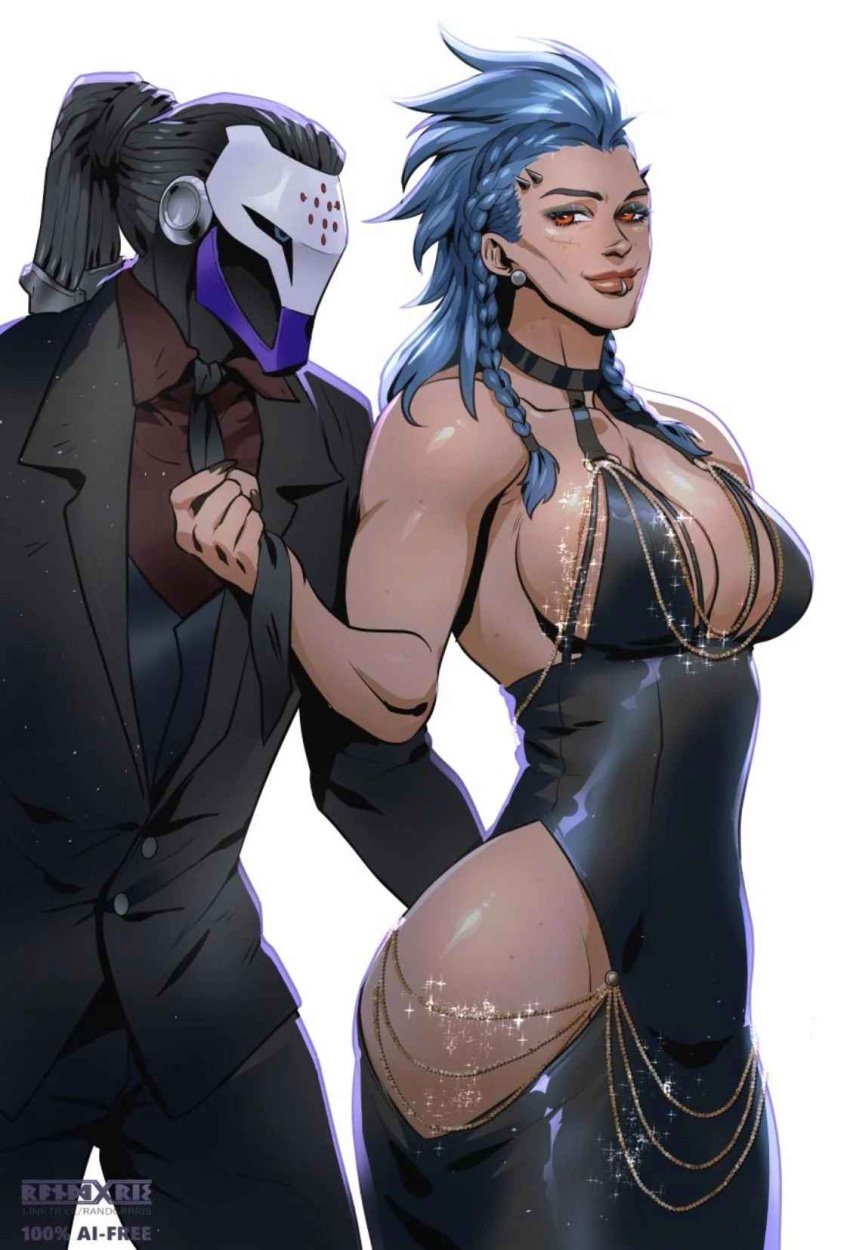 1boy 1boy1girl 1girl1boy 1girls artist_request big_breasts blue_hair evening_dress female fit_female junker_queen muscle muscle_girl muscular muscular_female overwatch overwatch_2 punk punk_girl ramattra randgris randgrrris robot strstyler tagme_(artist) toned toned_female