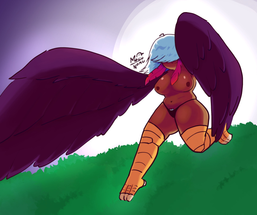 1girls air big_breast big_breasts bird_legs breast breasts chubby dark_skin feathers female female_only fly flying forest furry harpy legs monster_girl moon mosunoru naked nipple no_eyes nude purple_wings pussy short_hair solo thighs valkie valkie_the_harpy white_hair wings