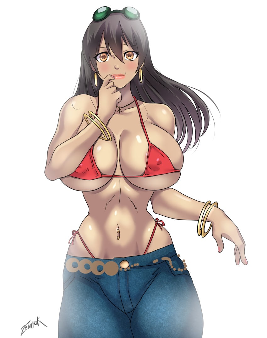 1girls big_breasts bikini_top canvas_of_life_manga dark-skinned_female dark_skin elenita female female_only long_hair original_character solo text thick_thighs watermark