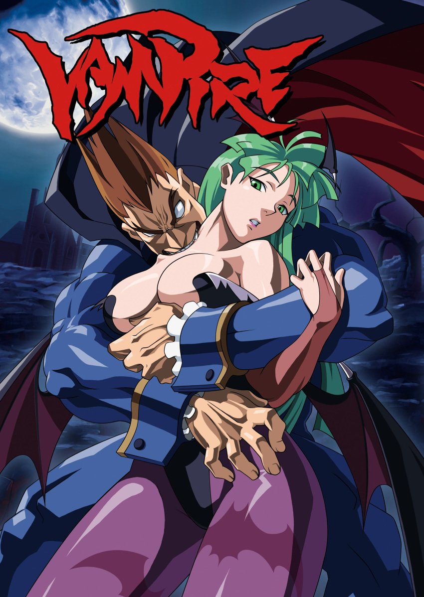 00s 1boy 1girls 2000s absurdres animal_print arm_grab bare_shoulders bat_print bat_print_legwear bat_wings biting black_leotard blue_jacket blue_pants blue_suit boobs breasts bridal_gauntlets brown_hair building capcom cape castle cleavage cuffs_(clothing) darkstalkers dead_tree demitri_maximoff demon_girl english english_text feather_trim feathers female formal frilled_sleeves frills grabbing grabbing_another&#039;s_breast grabbing_from_behind green_eyes green_hair head_tilt head_wings hetero high_leg_leotard highleg_leotard highres hug hug_from_behind jacket large_breasts leggings leotard light-skinned_female light-skinned_male light_skin long_hair long_sleeves male male/female male_with_female moon moonlight morrigan_aensland muscular muscular_male neck_biting night night_sky official_art outdoors pants parted_bangs parted_lips pointy_hair poster_(medium) purple_leggings shiny_clothes shiny_skin short_hair sky standing straight succubus suit text text_focus tits tree undead vampire vampire_(game) vampire_(pachislo) webp-to-jpg_conversion wings