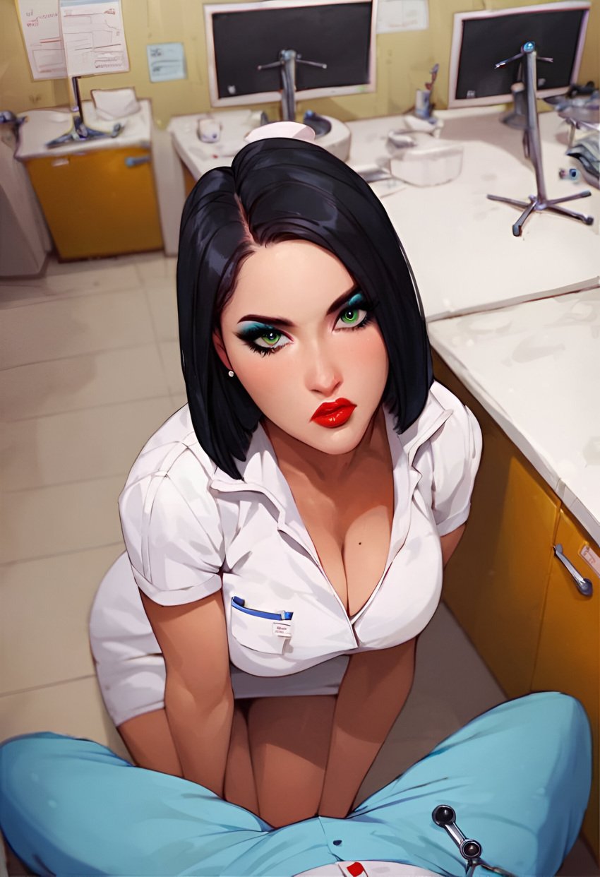 ai_generated black black_hair civitai cleavage examination_room kneeling kneeling_oral_position lipstick makeup medium_hair nurse nurse_uniform short_skirt sultry_eyes