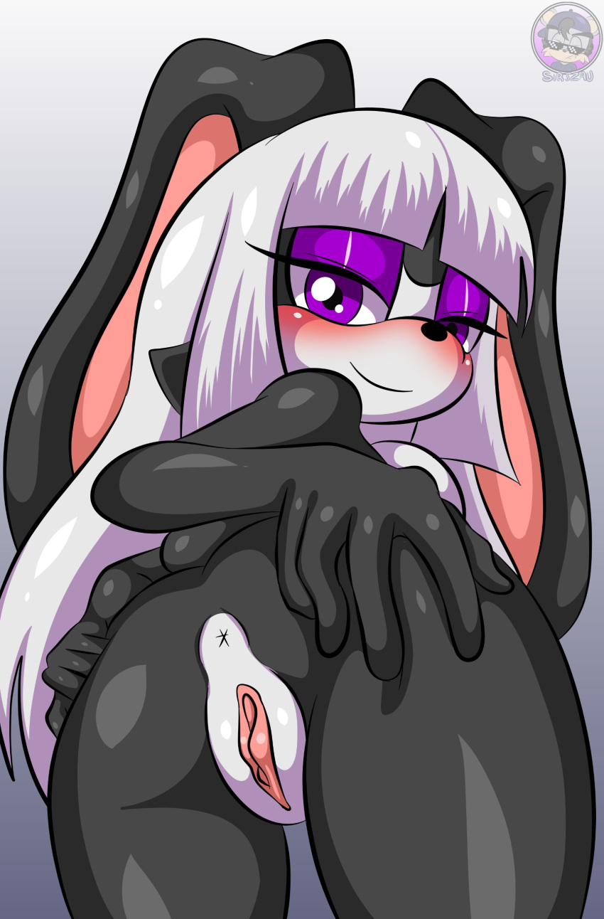 absurd_res anthro anus ass black_body black_fur breasts butt_focus butt_grab eyeshadow fan_character female fur genitals hair hand_on_butt hi_res lagomorph lau_the_rabbit leporid long_ears long_hair looking_at_viewer looking_back looking_back_at_viewer looking_pleasured makeup mammal purple_eyes pussy rabbit rabbit_ears scut_tail seductive sega short_tail simple_background sirjzau smile smiling_at_viewer solo sonic_(series) sonic_the_hedgehog_(series) tail