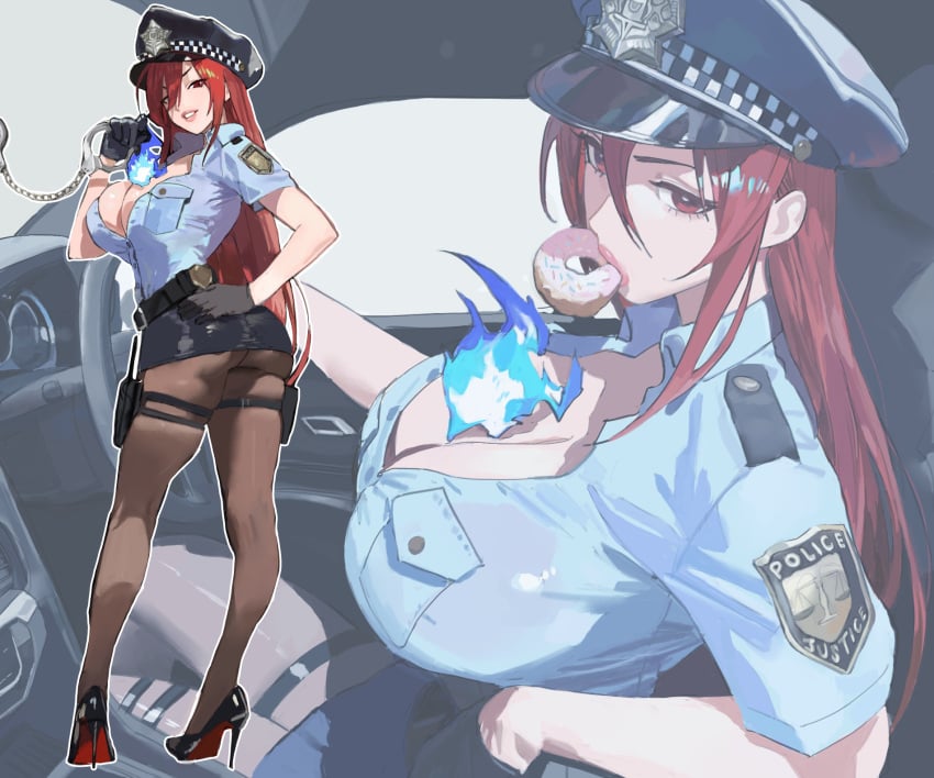 alternate_costume ass blue_fire breasts cleavage contemporary cuffs doughnut elizabeth_rose_bloodflame english_commentary female fire food food_in_mouth handcuffs hat highres hintobento hololive hololive_english hololive_english_-justice- large_breasts long_hair looking_at_viewer mixed-language_commentary open_mouth pantyhose police police_hat police_uniform policewoman red_eyes red_hair smile solo thigh_strap thighs uniform very_long_hair virtual_youtuber