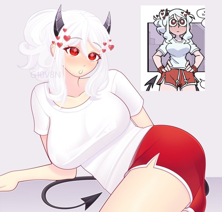 artist_name big_breasts breasts butt clothed clothed_female clothes clothing female_focus g10v8n giovan108 heart heart-shaped_pupils hearts helltaker horns modeus_(helltaker) red_eyes shorts tail