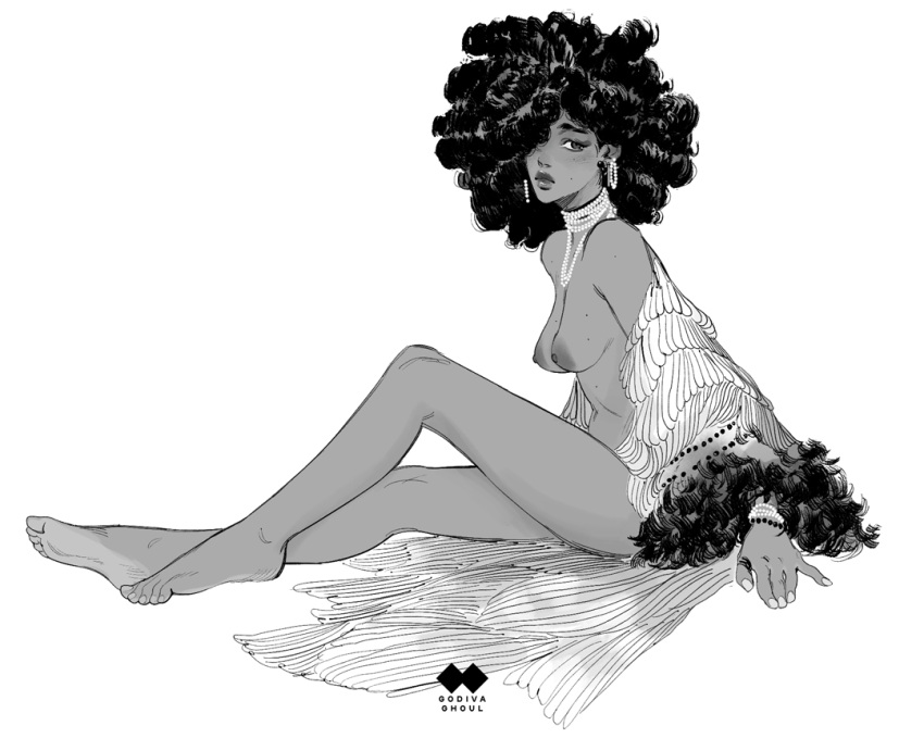 1girls 2d 2d_(artwork) african_female afro artist_logo artist_name breasts dark-skinned_female drawn earrings fancy feet female female_only godiva_ghoul hair_over_one_eye kinky_hair medium_breasts monochrome naked naked_female necklace nipples original pearl_necklace pearls pose posing reclining_pose solo