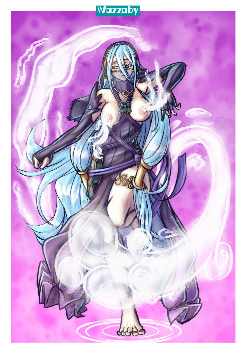 1girls areola areolae azura_(fire_emblem) azura_(performing_arts)_(fire_emblem) barefoot blue_hair breasts breasts_out commission dancer dancer_outfit dancing female female_only fire_emblem fire_emblem_fates gold_eyes highres lactation large_breasts long_hair milk milk_stream milkbending mouth_veil nintendo nipples solo solo_female veil very_long_hair wazzaby wide_hips yellow_eyes