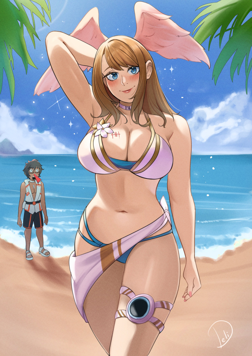 1boy 1girls blue_eyes breasts delicious_brain eunie_(xenoblade) female looking_at_viewer male nintendo swimsuit tagme taion_(xenoblade) wings wings_on_head xenoblade_(series) xenoblade_chronicles_3