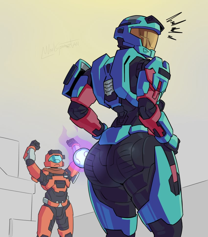 1boy 1girls alarmed artist_request ass bewitching_thighs big_ass big_butt blue_armor bodysuit butt celebrating fat_ass female female_focus female_spartan_(halo) grenade halo_(series) hands_on_hips heavenly_ass imminent_death large_butt looking_back orange_armor plasma_grenade plump_ass possible_death simple_background skintight skintight_bodysuit spartan spartan_(halo) spartan_iv_(halo) sticky_bomb surprised thick_thighs unsc