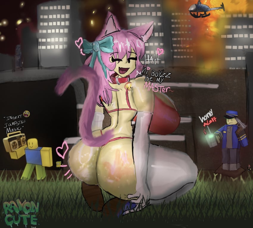 1girls areolae ass background big_ass big_breasts bows breasts cat_ears cat_tail collar commander_(tds) english_text female female_focus fire flats hi_res neko_dj nekomimi noob rayon_cute roblox roblox_game robloxian slap_mark slap_mark_on_ass source_request speech tagme talking_to_viewer thighhighs thong tower_defense_simulator towers