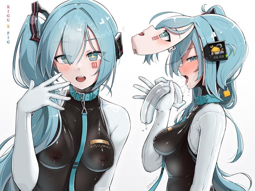 1girls alterkyon animegao blue_hair bondage cyan_hair dildo dildo_gag female femsub gag gagged hatsune_miku kigurumi latex latex_bodysuit latex_suit looking_at_viewer mask masked masked_female sex_toy timer vibrator