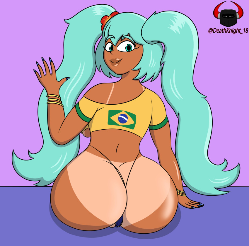 2d 2d_(artwork) ass big_ass big_breasts bikini_tan blue_eyes bracelet brazil brazilian brazilian_female brazilian_miku breasts bubble_butt crop_top deathknight_18 female female_focus female_only g-string hatsune_miku long_hair looking_at_viewer looking_back nail_polish rear_view sitting t-shirt tagme tan tan_body tan_skin tanline thong turquoise_hair twintails underboob vocaloid waving waving_at_viewer wide_hips