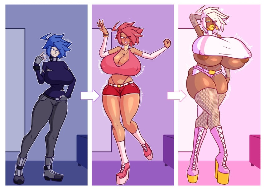 absurdres before_and_after bimbofication blue_hair breast_expansion breasts dark_skin erect_nipples femsub fishnets gloves high_heel_boots high_heels huge_breasts huge_lips opera_gloves original pink_hair platform_heels robot thighhighs transformation white_hair zuoo0202