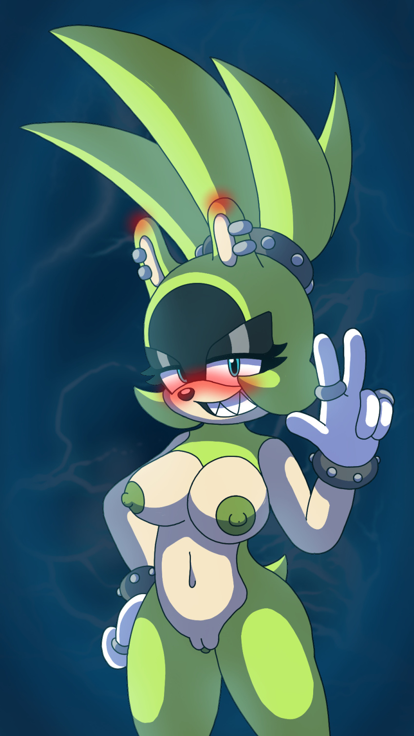 2023 alternate_version_available blush bunbreed different_colored_nipples exposed green_fur hand_on_hip idw_comics idw_publishing lightning looking_at_viewer looking_pleasured mobian_(species) mobian_tenrec naked naked_female peace_sign rings sega sharp_teeth sonic_(series) sonic_the_hedgehog_(comics) sonic_the_hedgehog_(idw) sonic_the_hedgehog_(series) surge_the_tenrec tenrec white_gloves