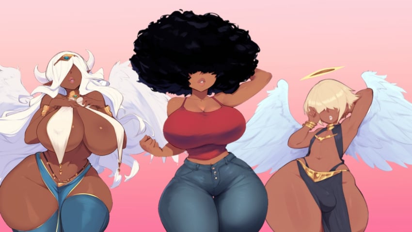 1boy 2girls 2girls1boy afro ai_generated alriel angel breasts brinne bulge curvaceous curvy dark-skinned_female dark-skinned_male dark_skin deity ebony femboy goddess huge_breasts mullon novelai original original_character pelvic_curtain thick_lips thick_thighs tiamare trap white_lipstick wide_hips