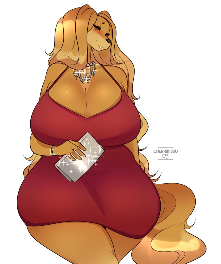 1girls anthro canine cherrikissu curvy_figure dogmom fat furry jewelry large_breasts mabel_(cherrikissu) milf mother original_character red_dress thick_thighs