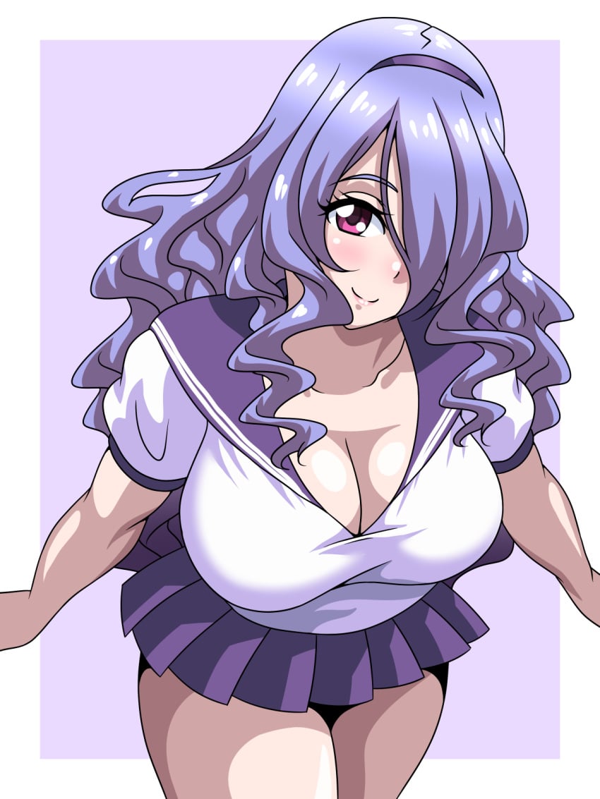 1girls alternate_costume bare_thighs breasts camilla_(fire_emblem) cleavage female female_only fire_emblem fire_emblem_fates hair_over_one_eye inabakun00 large_breasts long_hair looking_at_viewer nintendo pink_eyes purple_hair school_uniform schoolgirl skirt smile solo thighs very_long_hair