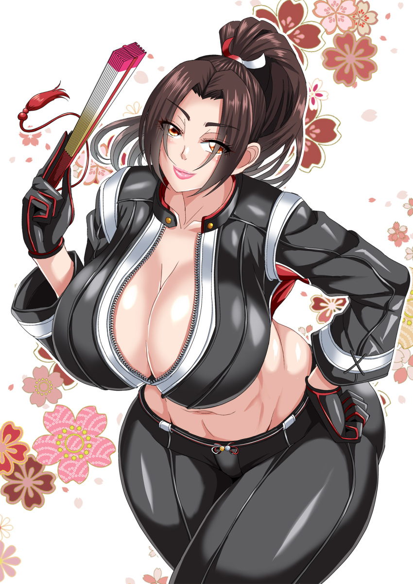 1girls big_breasts brown_eyes brown_hair cleavage curvaceous curvy_female eyes fans fatal_fury fatal_fury:_city_of_the_wolves female female_only gloves hi_res large_breasts leather leather_clothing leather_jacket light-skinned_female light_skin mai_shiranui mai_shiranui_(city_of_the_wolves) mature_woman mifune_seijirou ponytail skin_tight snk thick_thighs voluptuous voluptuous_female white_background wide_hips