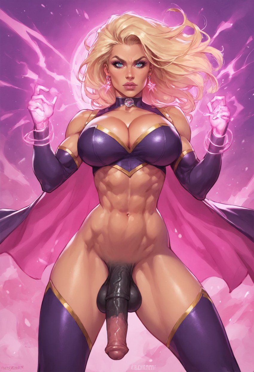 1futa ai_generated ai_hands arm_length_gloves blonde_hair blue_eyes bustier cape earrings flaccid flaccid_penis horse_penis horsecock long_gloves solo superheroine thighhighs