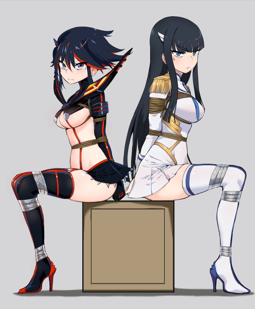 2girls arms_tied arms_tied_behind_back big_eyebrows bondage female female_only heels junketsu kill_la_kill kinbakuman kiryuuin_satsuki legs_tied_together long_hair looking_at_viewer matoi_ryuuko multiple_girls rope_bondage rope_harness senketsu tape tape_bondage underboob