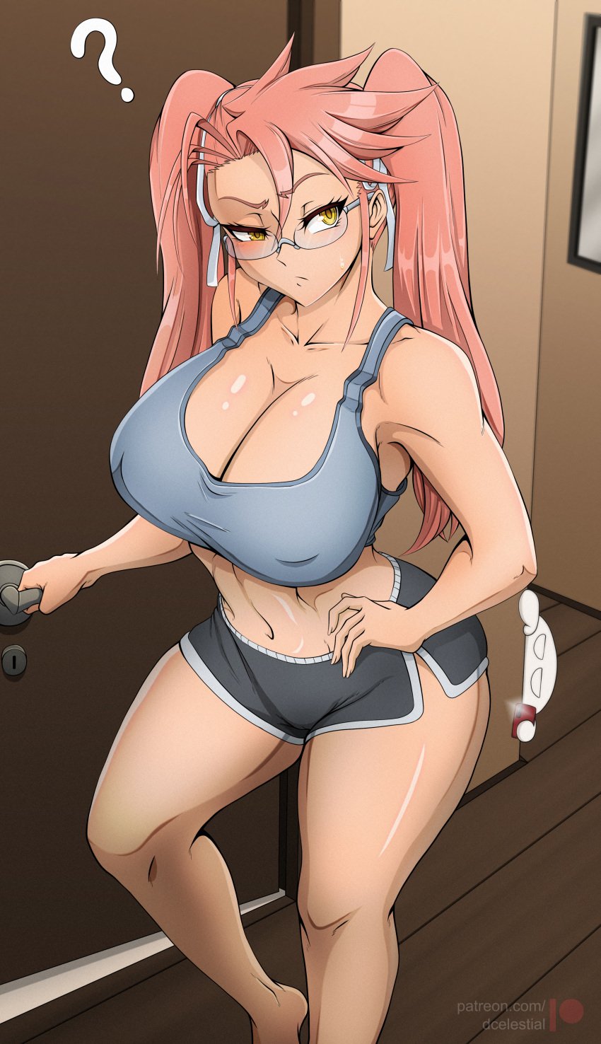 1boy 1girls bare_arms bare_legs bare_shoulders bare_thighs big_breasts blush color dcelestial female glasses hi_res highschool_of_the_dead large_breasts light-skinned_female light_skin long_hair male male/female nipples_visible_through_clothing pink_hair saya_takagi spying tagme thick_thighs yellow_eyes