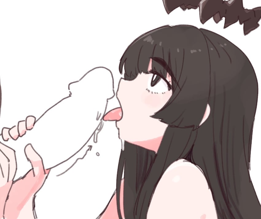1boy 1girls absurd_res arknights black_eyes black_hair completely_nude halo handjob hi_res licking licking_penis long_hair nikukabe nude oral penis saliva straight straight tongue tongue_out virtuosa_(arknights) white_background white_penis
