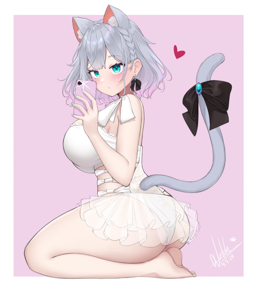 big_breasts breasts cat_ears cat_tail cleavage crossed_bangs feline female green_eyes grey_hair hairband highres hiiragi_emuri huge_breasts indie_virtual_youtuber large_breasts long_hair mole mole_on_breast mole_under_eye mythic_live necklace panties short_hair silver_hair sitting slippers thigh_squish tights virtual_youtuber vtuber white_panties