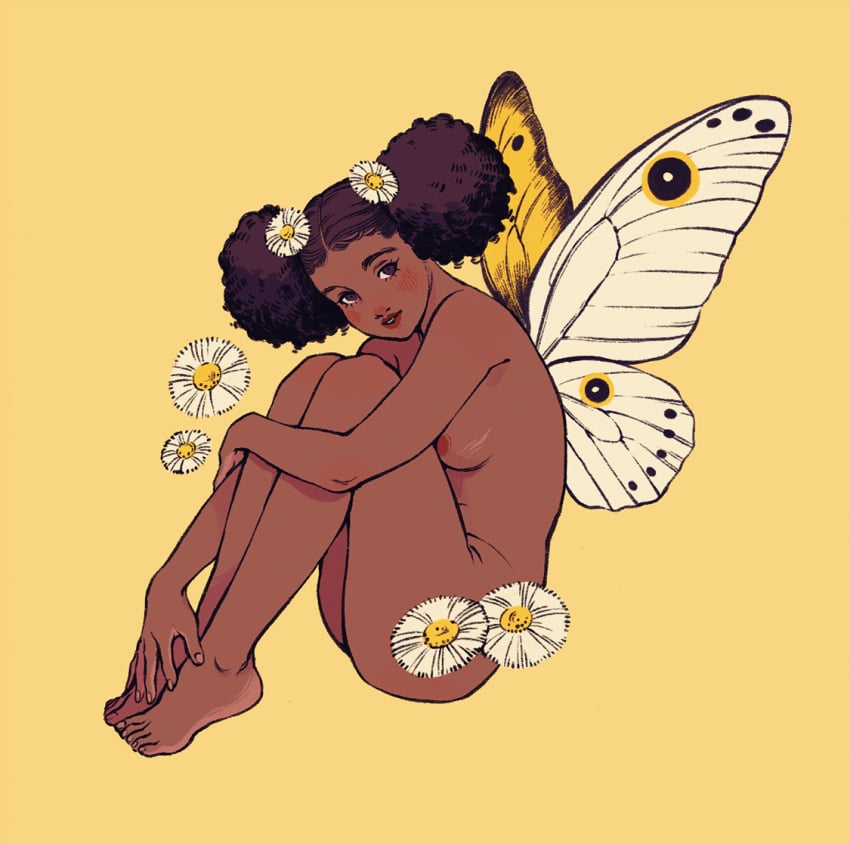 1girls afro_puffs butterfly_wings daisies daisy fae fairy fairy_wings female female_only flower flower_in_hair flowers insect_wings karlovycross looking_at_viewer monochrome_background naked nude nude_female sitting wings yellow_background