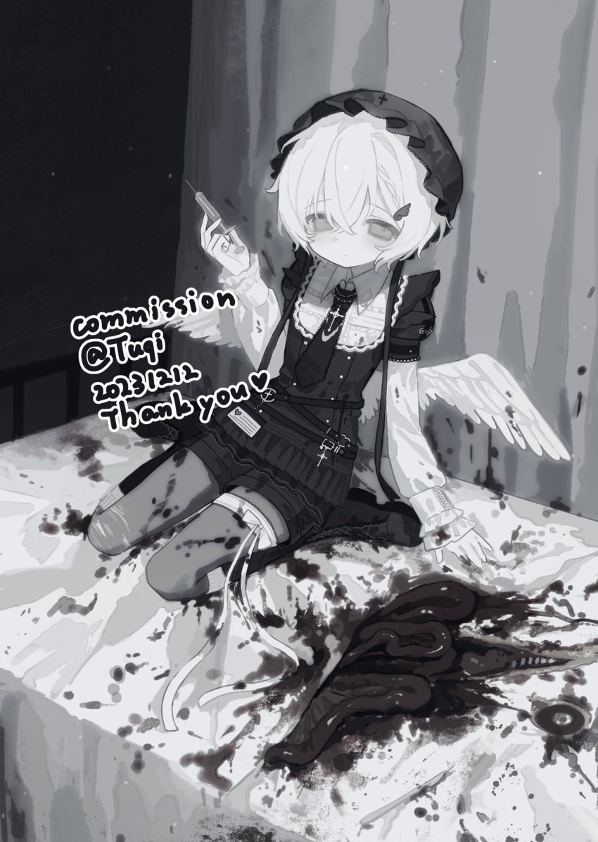 artist_name black_dress black_shorts black_veil blood blood_on_clothes commentary commission dated double-parted_bangs dress expressionless feathered_wings female full_body gore grey_pantyhose guro hair_between_eyes highres holding holding_syringe intestines long_sleeves looking_at_viewer muted_color on_bed original pantyhose red_eyes seiza short_hair shorts sitting solo syringe tuqitt veil watermark white_hair white_wings wings