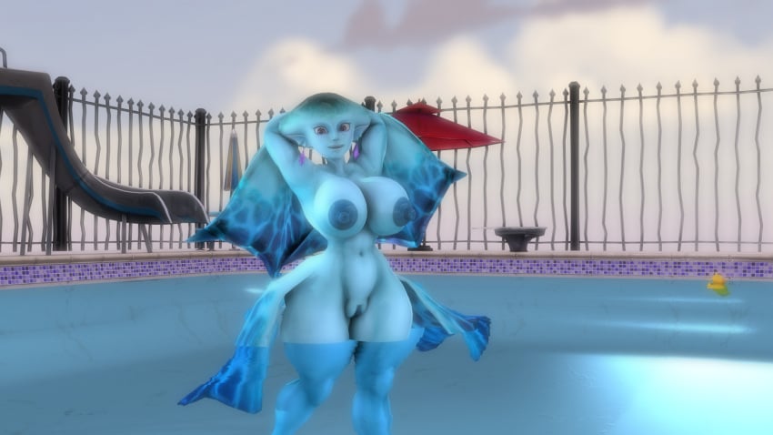big_breasts breasts female hands_behind_head hi_res humanoid looking_at_viewer marine nintendo nude ocarina_of_time poolside pose princess_ruto solo sonicthebitch the_legend_of_zelda zora