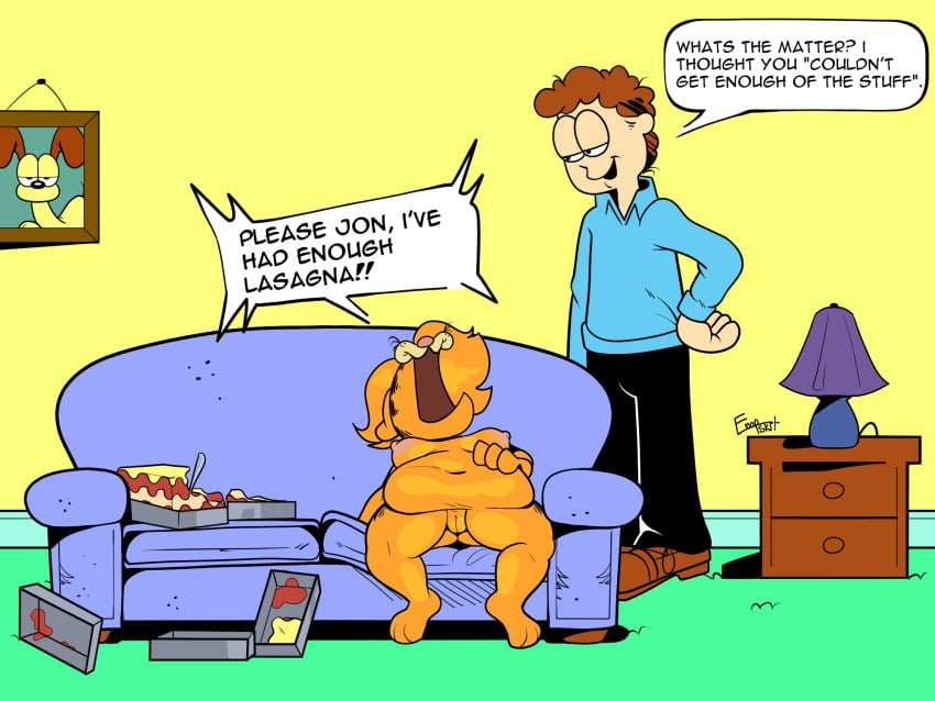 begging belly big_belly breasts colored empskit feeder female furniture garfield_(series) garfield_the_cat genitals hi_res huge_belly jon_arbuckle on_model overweight paramount_pictures paws,_inc. pussy rule_63 sofa