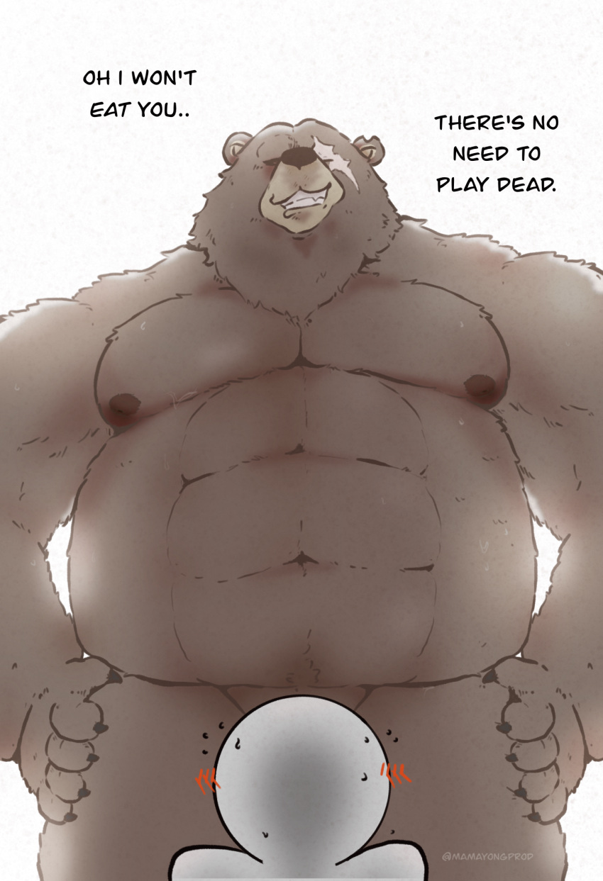 bear belly ben_(zenless_zone_zero) ben_bigger brown_bear bullying carnivore dialogue dominant grizzly_bear half_naked hi_res looming_over male male_only mamayong_(artist) mammal mihoyo musclegut muscular nervous nipples pecs scar size_difference slightly_chubby solo thick_thighs ursine zenless_zone_zero