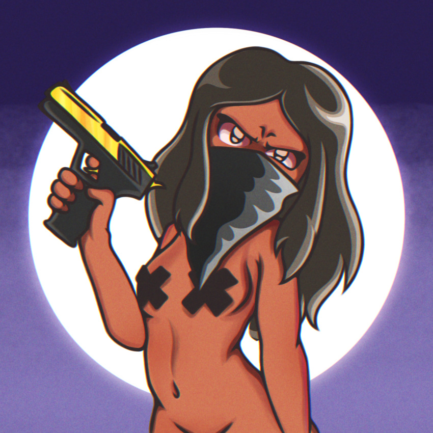 1girls agente_shuffle agente_shuffle_(character) angry angry_face arm_up background bandana bandana_on_face belly black_bandana black_hair breast_sticker brown_eyes brown_hair brown_skin brown_skinned_female covered_nipples dark-skinned_female dark_skin face_covered golden_gun gun hair holding_gun holding_object holding_weapon human human_only long_hair mexican mexican_female naked naked_female nude nude_female nudity original original_character pasties pasties_only pistol pistol_in_hand purple_background simple_background slightly_red_eyes small_breasts solo weapong