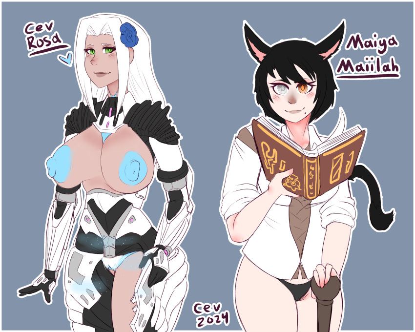 2024 alien alien_girl armor armored_gloves cat_ears cat_tail catgirl cev cev_rosa dark-skinned_female digital_drawing_(artwork) digital_media_(artwork) final_fantasy_xiv flower flower_in_hair green_eyes heterochromia honeysham hyur large_breasts long_hair looking_at_viewer miqo&#039;te nipples panties partially_clothed pubic_hair puffy_nipples revealing_clothes short_hair smile smiling_at_viewer thick_thighs unusual_genitalia walking_stick