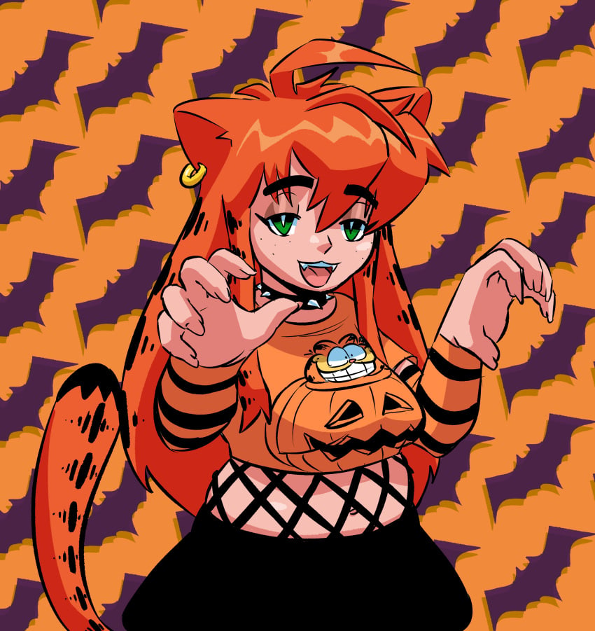 anthro cat_ears cat_tail catgirl chubby chubby_female curvy curvy_female curvy_figure cute_expression cute_fang ear_piercing gaffy_(kolsan) garfield_(series) garfield_the_cat green_eyes halloween kawaii kolsan midriff miniskirt orange_hair pumpkin rawr rule_63 tight_clothing