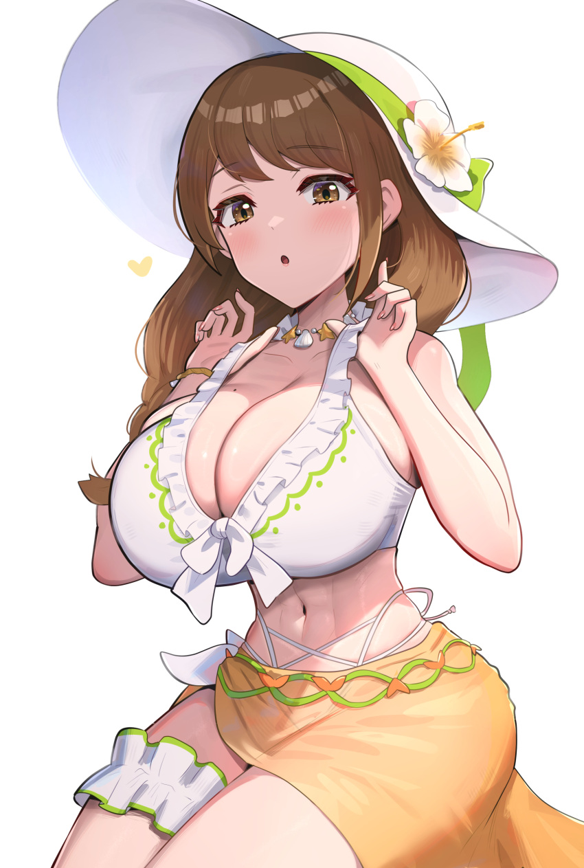 1girls :o absurdres alternate_costume bikini braid braided_ponytail breasts bridal_garter brown_hair cleavage female female_only fire_emblem fire_emblem_engage fire_emblem_heroes flower flower_hat frilled_bikini frills goldmary_(fire_emblem) goldmary_(summer)_(fire_emblem) gonzarez hat highres huge_breasts long_hair looking_at_viewer mole mole_on_breast navel nintendo official_alternate_costume sarong simple_background skindentation solo swimsuit thighs white_background white_bikini white_flower white_hat white_swimsuit