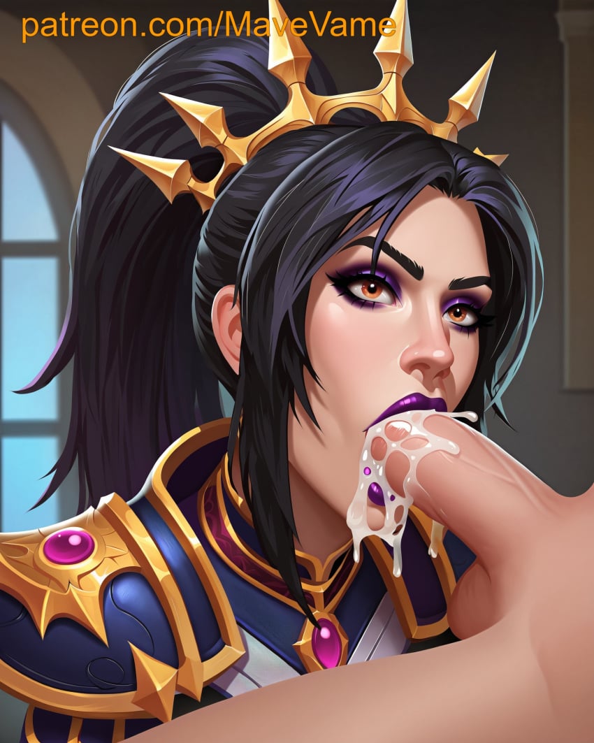 1boy 1girls ai_generated black_hair blizzard_entertainment blowjob cock_sucking cum cum_in_mouth diablo eyeshadow li-ming lipstick purple_eyeshadow purple_lipstick semen sucking_penis