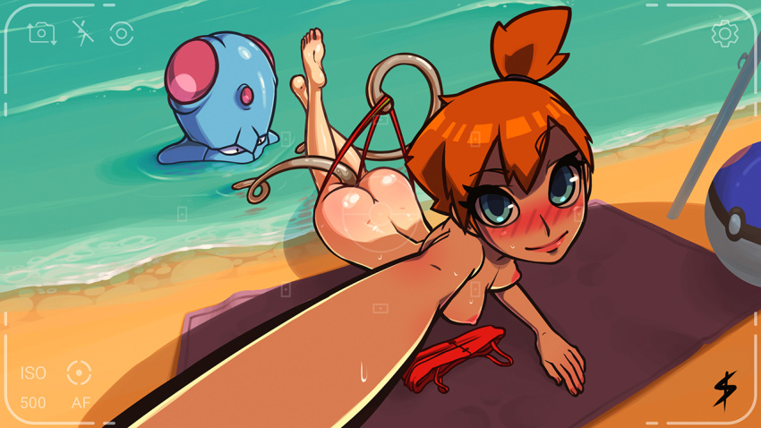 ass barefoot beach bikini bikini_top bikini_top_removed blue_eyes breasts butt_crack feet female highres human kasumi_(pokemon) looking_at_viewer lying misty_(pokemon) nipples on_stomach orange_hair outstretched_arm pokemon pokemon_(anime) pokemon_(species) pokephilia red_bikini self_shot sismicious tentacle tentacool toes vaginal_insertion wedgie