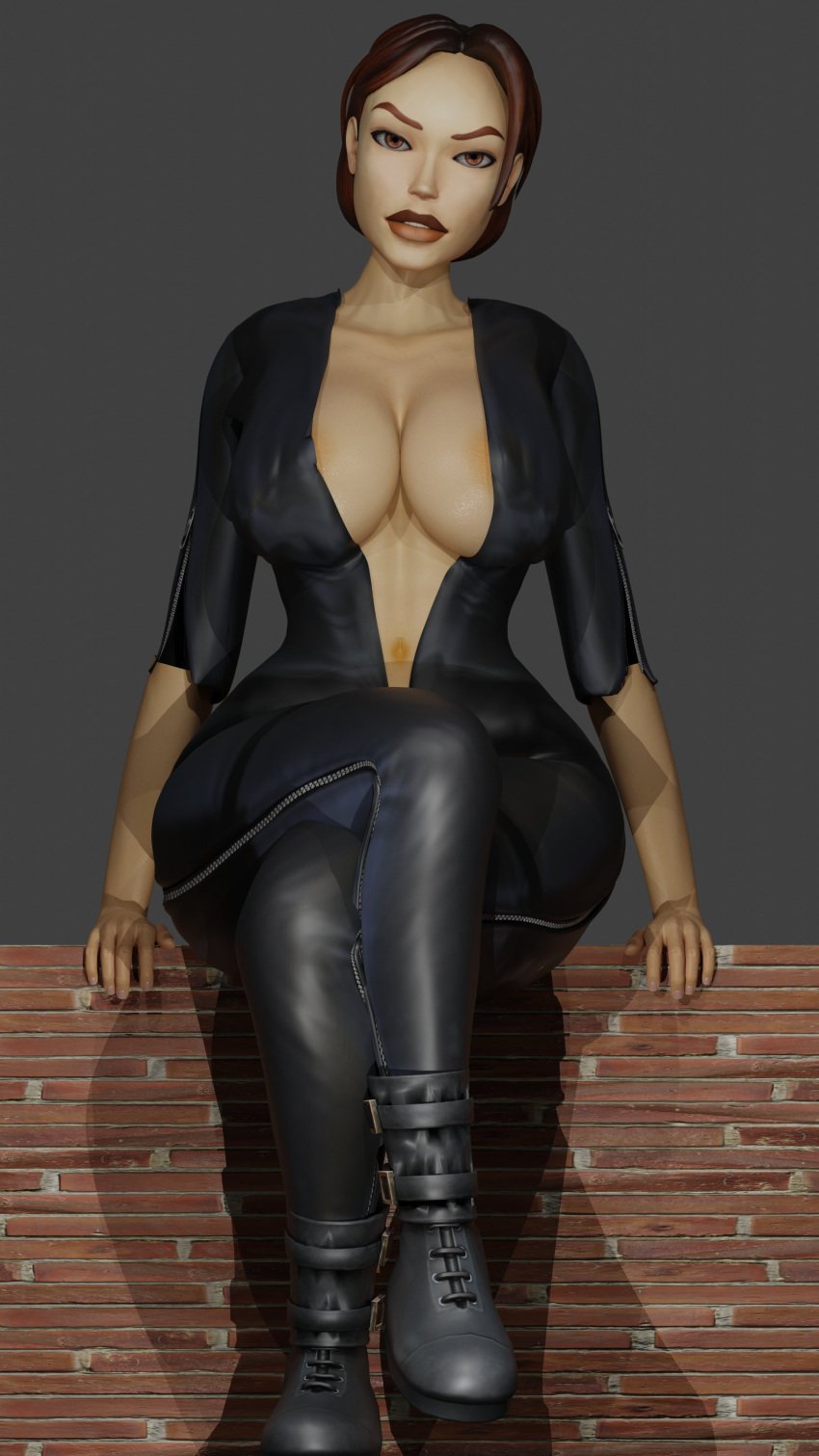 3d areolae areolae_slip big_breasts bodysuit boots braid breasts brown_eyes brown_hair busty catsuit cleavage crossed_legs deep_cleavage female female_focus female_only hourglass_figure lara_croft lara_croft_(classic) lipstick long_hair makeup mascara navel sitting sleeves_rolled_up tagme thedirtden tomb_raider tomb_raider_remastered wide_hips