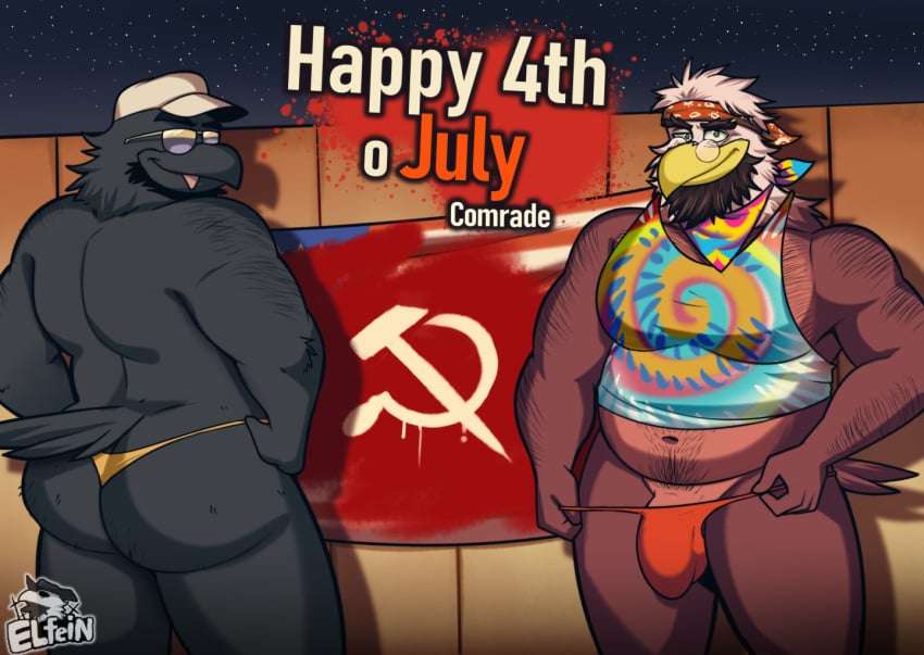 4th_of_july accipitrid accipitriform andres_(elfein) anthro arm_hair ass avian bandana big_butt bird body_hair butt_hair clothing corvid corvus_(genus) crow duo eagle elfein eyewear holidays kerchief male male/male mature_male musclegut muscular oscine passerine sunglasses thong underwear