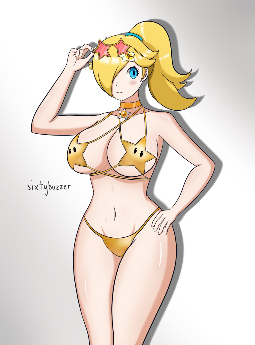 1girls bikini blonde_hair blue_eyes breasts female female_only hand_on_hip light-skinned_female light_skin mario_(series) nintendo ponytail princess_rosalina sixtybuzzer solo star_bikini sunglasses sunglasses_on_head swimsuit tagme