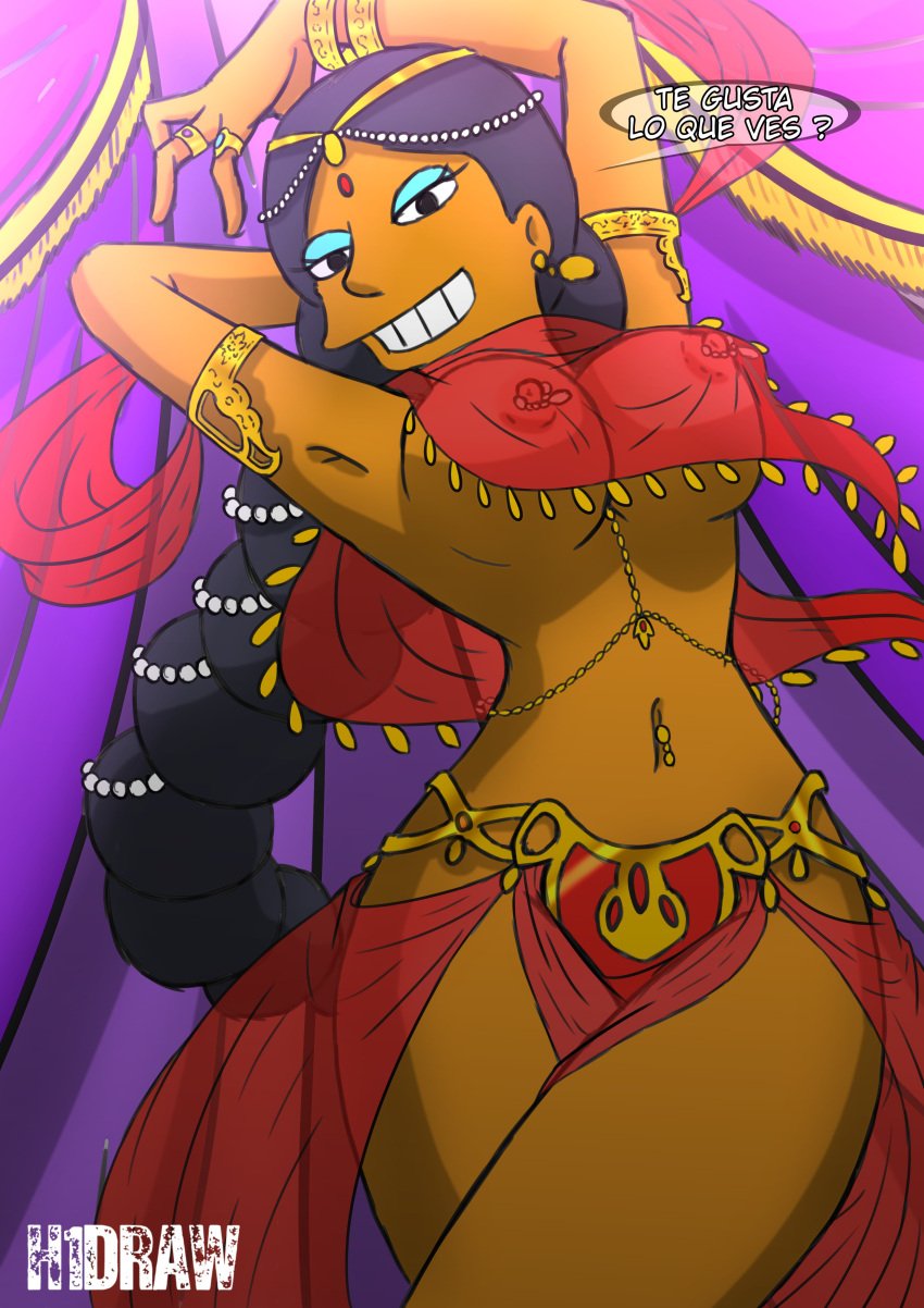 2024 20th_century_fox 2d 2d_(artwork) ? artist_name belly_dance belly_dancer belly_dancer_outfit bindi black_hair blue_gemstone bracelets color curtain dialogue female gem gold_(metal) gold_bracelets gold_headdress gold_jewelry gold_piercing gold_rings h1draw hand_behind_head headdress hourglass_figure indian indian_female loincloth looking_at_viewer looking_down looking_down_at_viewer manjula_nahasapeemapetilon medium_breasts navel navel_piercing ponytail purple_curtains red_gemstone red_loincloth rings smile smiling_at_viewer spanish_dialogue spanish_text talking_to_viewer the_simpsons very_long_hair wide_hips