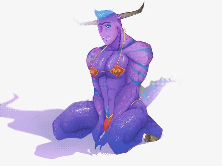 1boy anthro blue_hair bulge femboy gay humanoid male male_in_bikini male_only monsters_at_work monsters_inc muscles muscular muscular_male pubic_hair purple_body purple_skin solo thong tylor_tuskmon