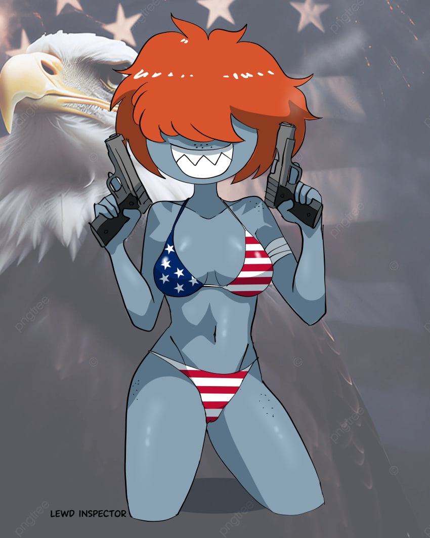 1girls 2024 2d 2d_(artwork) 2d_artwork 4th_of_july bandage bandaged_arm belly_button bikini color colored covered_eyes eagle female_focus female_only firearm firearms flag_bikini front_view girl_only gnash_(kludi) grey_body guns holding_breast lewd_inspector patriotic_clothing patriotism pistol pistol_in_hand red_hair sharp_teeth solo solo_female solo_focus stock_image us_flag usa_bikini watermark white_teeth