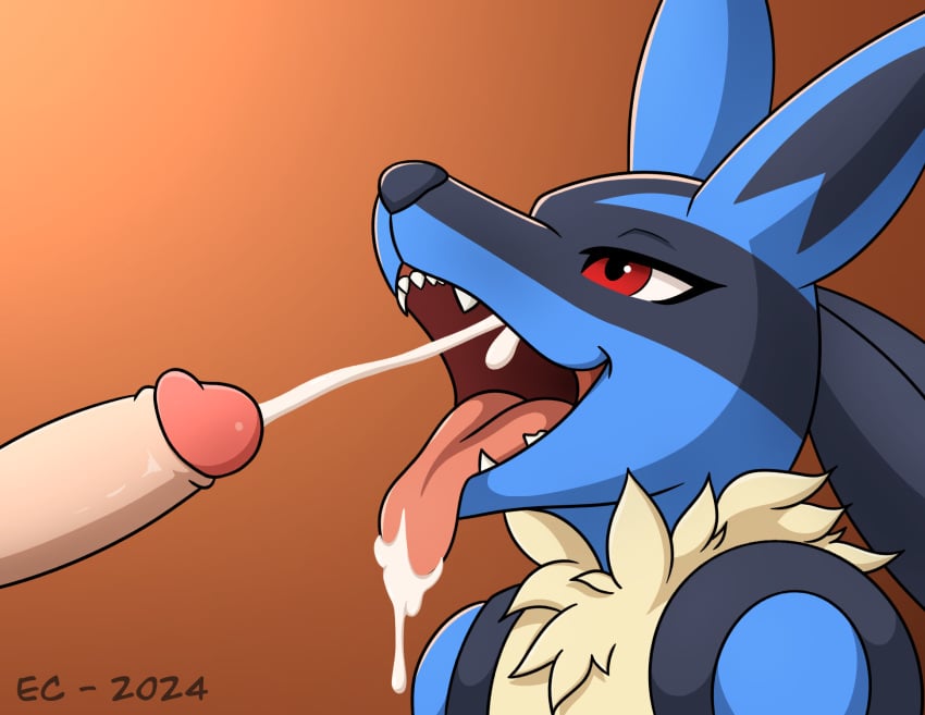 anthro blue_body blue_fur bodily_fluids cum cum_in_mouth cum_inside cum_on_tongue cumshot cumshot_in_mouth duo ejaculation enlightenedcat fur generation_4_pokemon genital_fluids genitals glans hi_res human humanoid_genitalia humanoid_penis interspecies looking_up lucario male male/male mammal nintendo open_mouth oral orgasm penis pokemon pokemon_(species) pokephilia red_eyes tongue tongue_out yellow_body yellow_fur