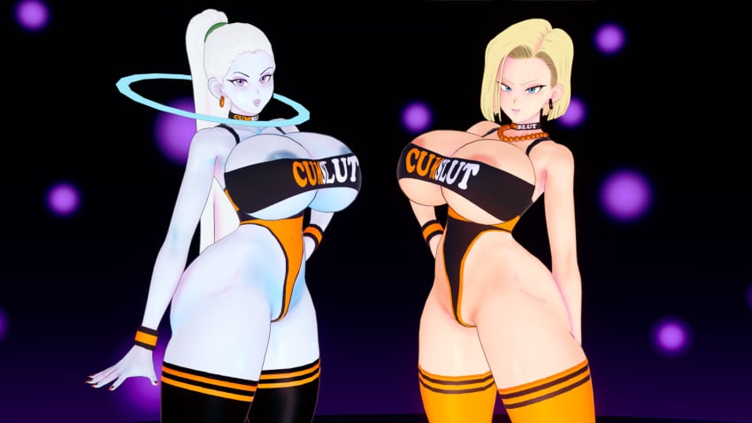 2girls 3d about_to_burst android_18 areolae blonde_hair blue_eyes blue_skin breasts breasts_bigger_than_head dragon_ball dragon_ball_super female_pervert hourglass_figure imminent_penetration kaoskatsu koikatsu large_breasts long_hair pervert ponytail purple_eyes revealing_clothes sex_invitation short_hair slutty_outfit thick_thighs vados vados_(dragon_ball) white_hair