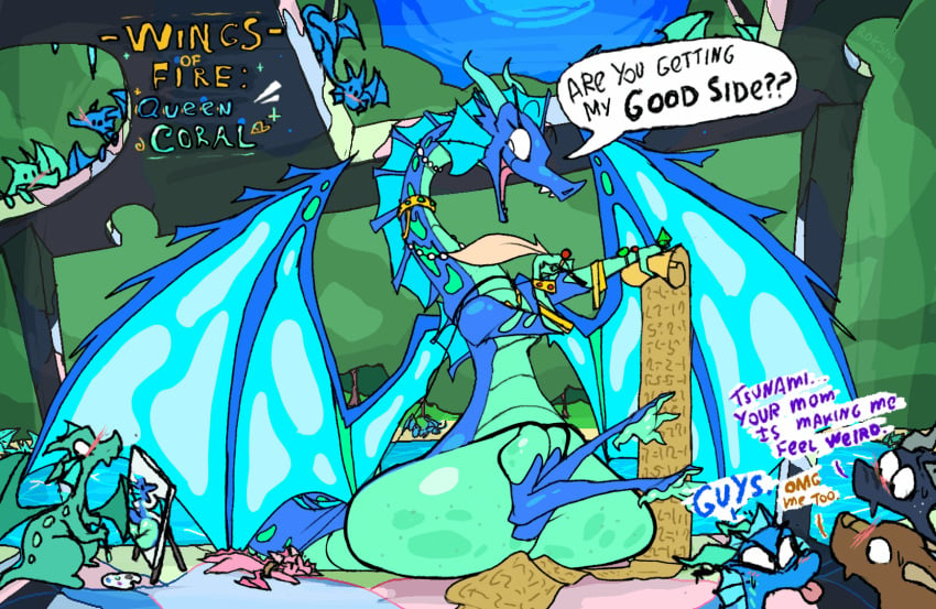 animated anthro ass big_ass big_butt clay_(wof) coral_(wof) dialogue dragon dragon_girl dragon_horns dragon_tail female mudwing_(wof) nightwing_(wof) roksim seawing_(wof) size_difference starflight_(wof) tsunami_(wof) wings_of_fire