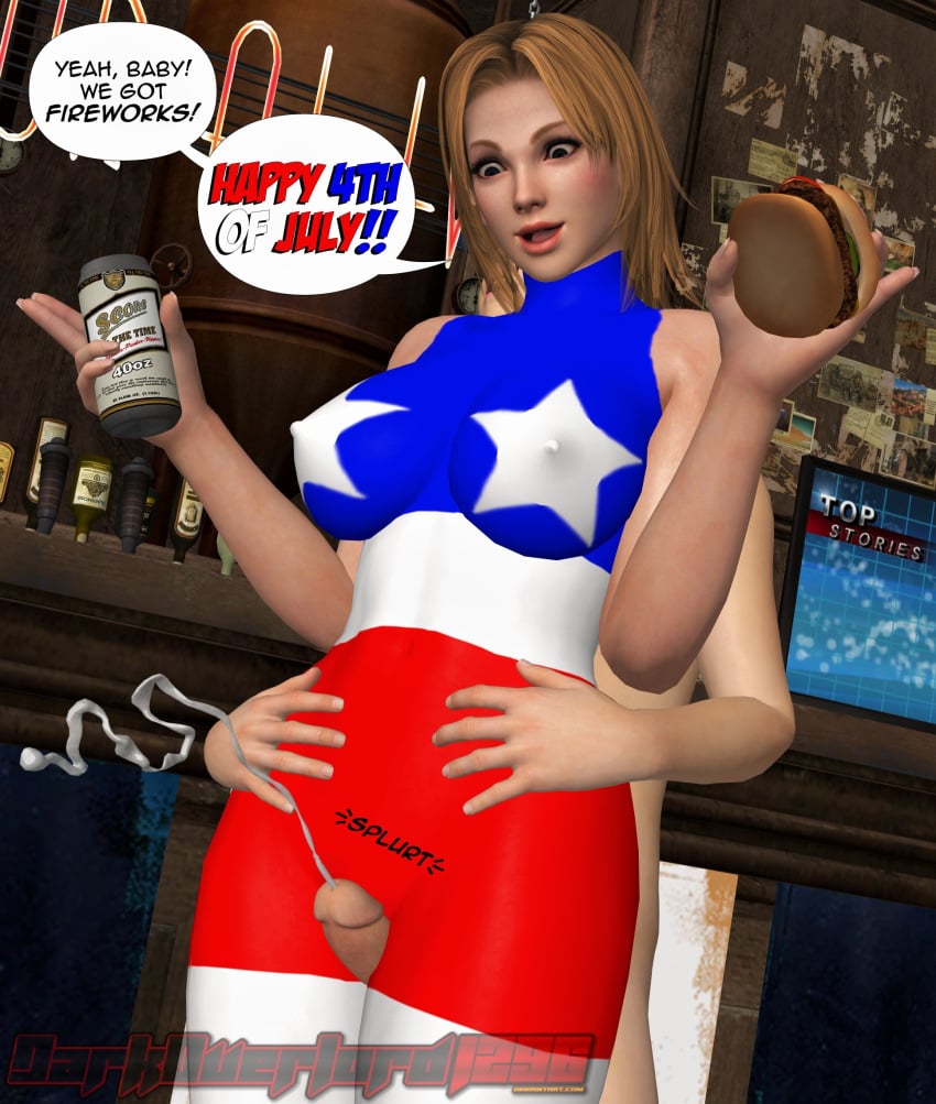 1boy 1girls 3d 4th_of_july athletic athletic_female big_breasts blonde_hair bodypaint breasts busty coonskin cosplay cum cumshot darkoverlord1296 dead_or_alive erect_nipples female female_focus glans hamburger hourglass_figure long_hair male miss_america_(coonskin) nipples painted_clothes penis speech_bubble straight tagme thigh_sex tina_armstrong wide_hips