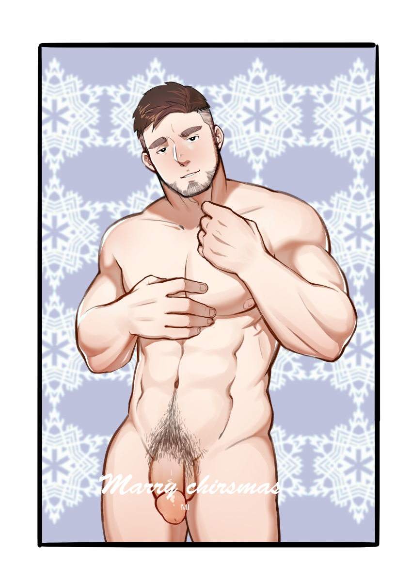 1boy abs bara body_hair character_request christmas copyright_request facial_hair human male male_focus male_only muscle nude penis peterhl pubic_hair smile solo testicles